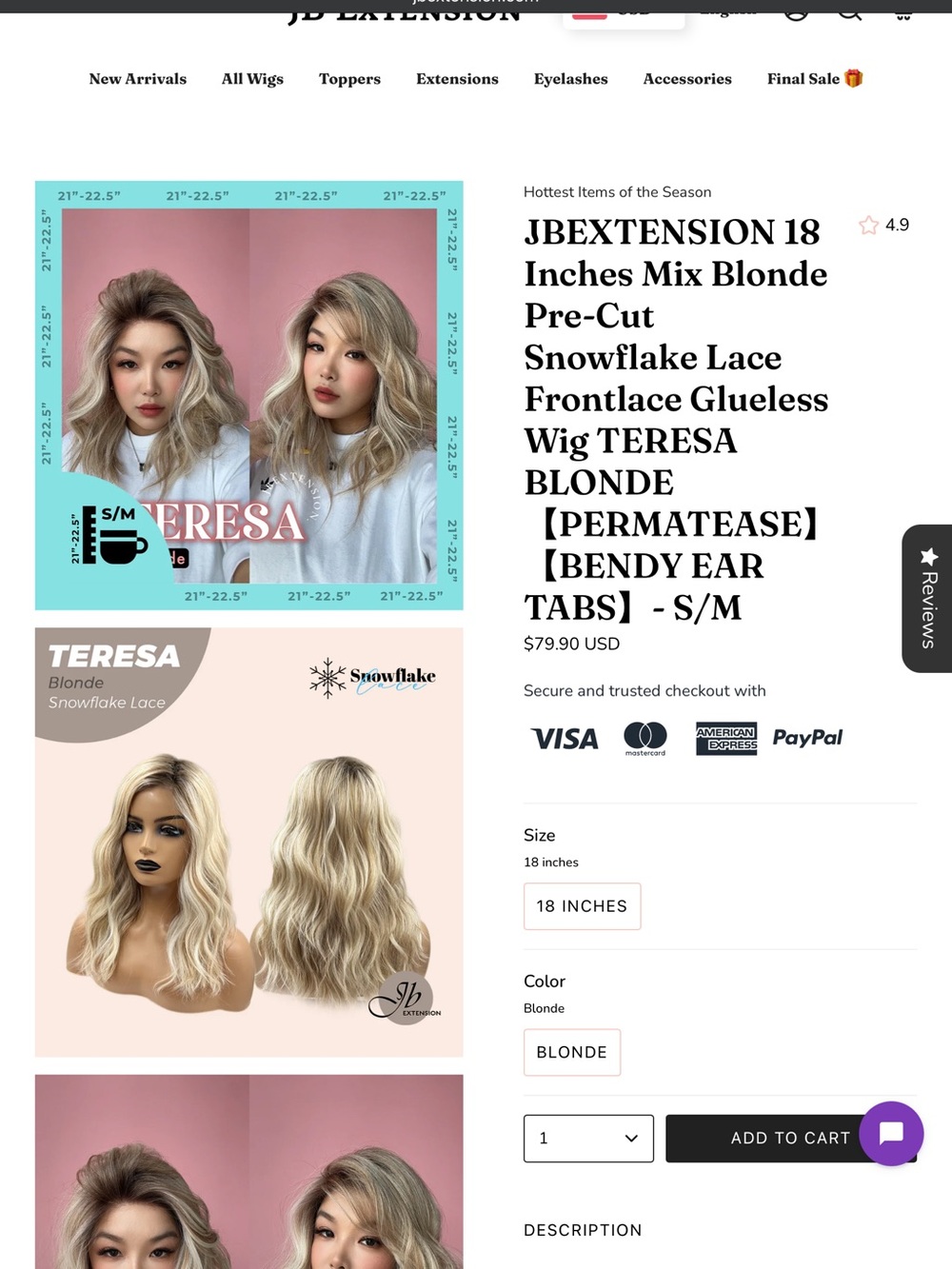 Teresa 18" Blonde Pre-Cut Snowflake Lace JB Extension Wig New